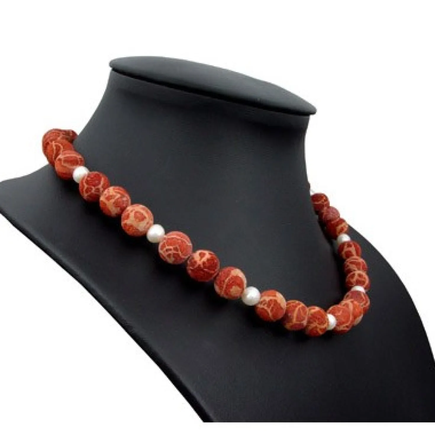 Kette Collier Natur-Koralle mit Poren & Süßwasser-Perlen 925 Silber rot-orange