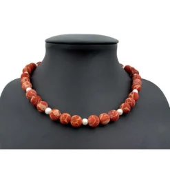 Kette Collier Natur-Koralle mit Poren & Süßwasser-Perlen 925 Silber rot-orange