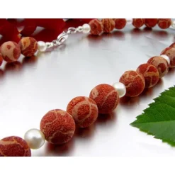 Kette Collier Natur-Koralle mit Poren & Süßwasser-Perlen 925 Silber rot-orange