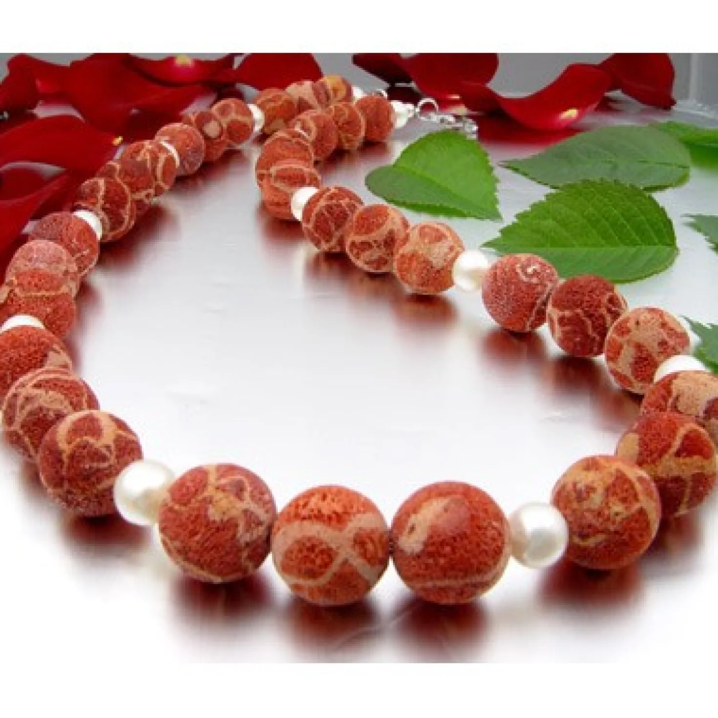 Kette Collier Natur-Koralle mit Poren & Süßwasser-Perlen 925 Silber rot-orange