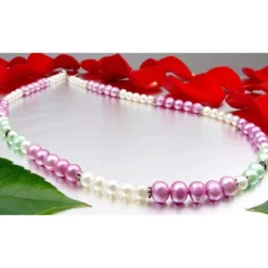 Kette Collier Süßwasser Perlen Multicolor pink hellgrün creme-weiß schwarz 48cm