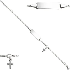 Kinder Armband Gravurplatte Schildband mit Kreuz Kreuzchen, 925 Silber, 12-14cm