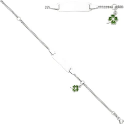 Kinder Armband Schildband aus 925 Silber mit Kleeblatt grüne Lackeinlage 14cm