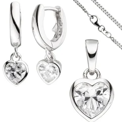 Kinder Schmuck-Set Herz aus 925 Silber mit Zirkonia Anhänger Ohrringe Kette 38cm