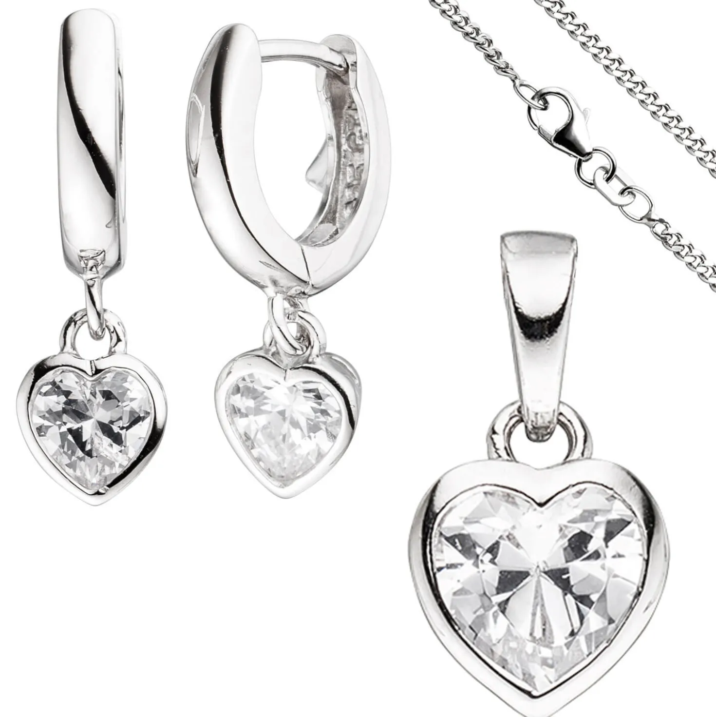 Kinder Schmuck-Set Herz aus 925 Silber mit Zirkonia Anhänger Ohrringe Kette 42cm