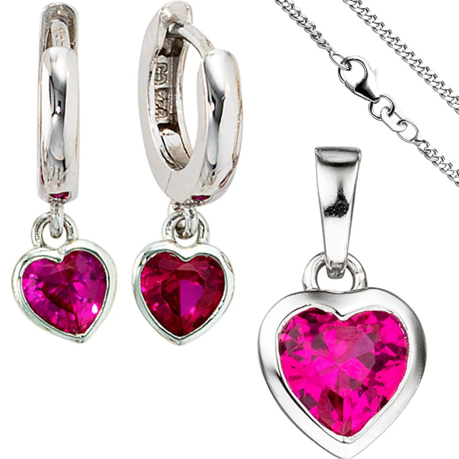 Kinder Schmuck-Set Herzen aus 925 Silber Zirkonia pink rosa mit Kette 38cm
