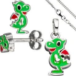 Kinder Schmuck-Set kleiner Drache aus 925 Silber grün lackiert mit Kette 42cm