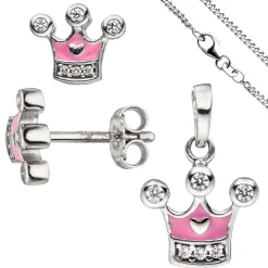Kinder Schmuck-Set Krone pink rosa 925 Silber Zirkonia mit Kette 42cm