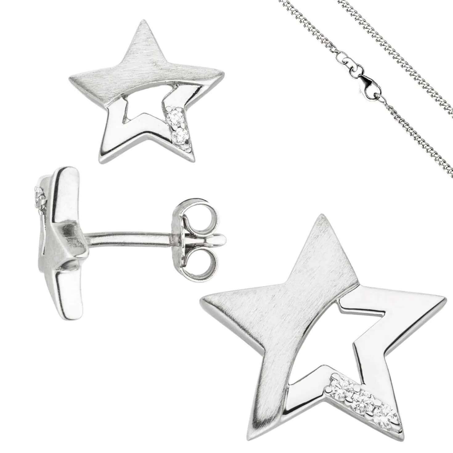 Kinder Schmuck-Set Stern 925 Silber mit Zirkonia Ohrstecker Anhänger Kette 42cm