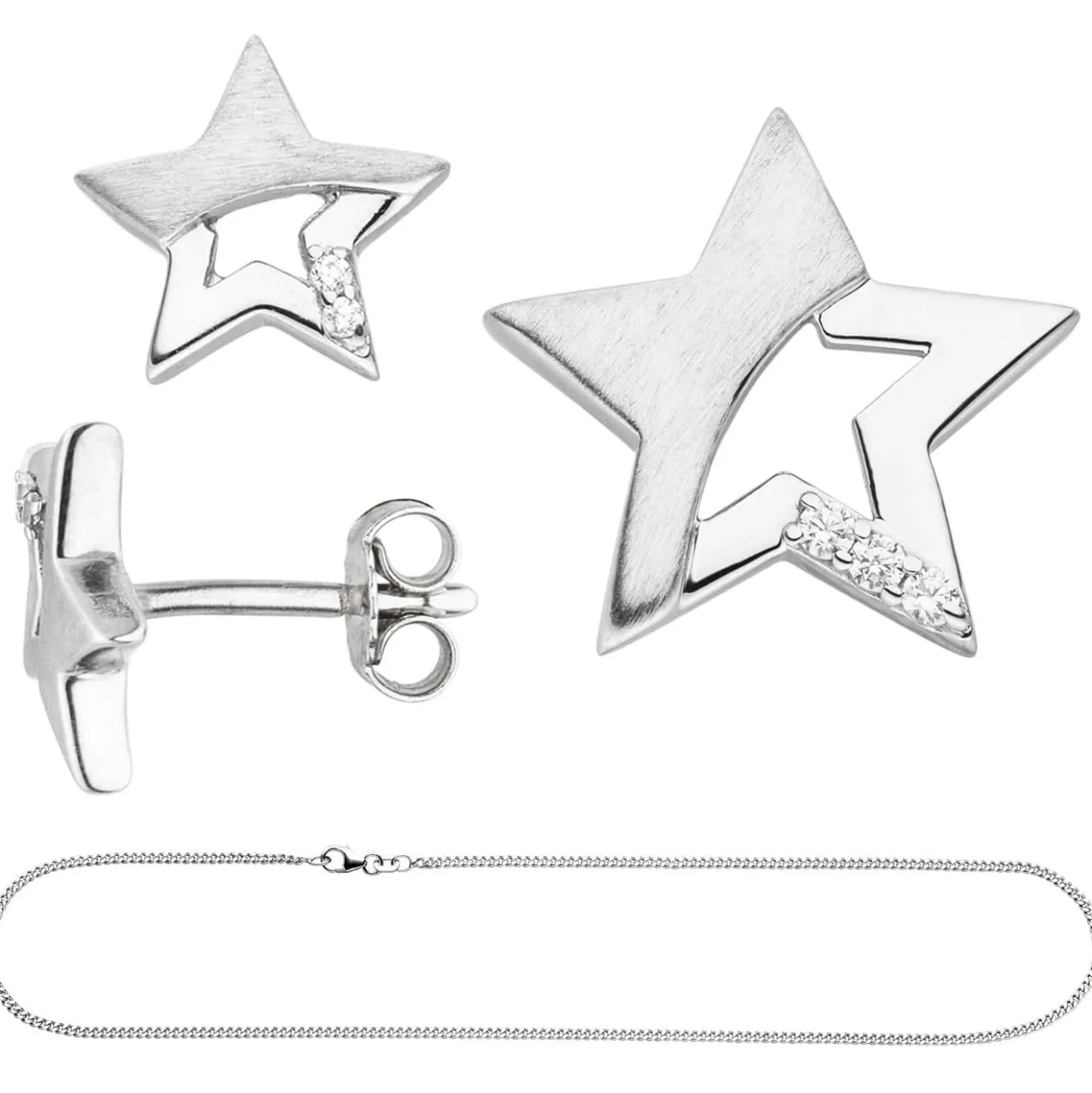 Kinder Schmuck-Set Stern 925 Silber mit Zirkonia Ohrstecker Anhänger Kette 38cm