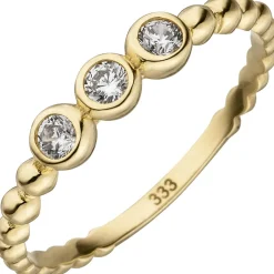 Kugel-Ring Damenring 3 Zirkonia weiß 333 Gold Gelbgold Fingerring 2,2mm breit