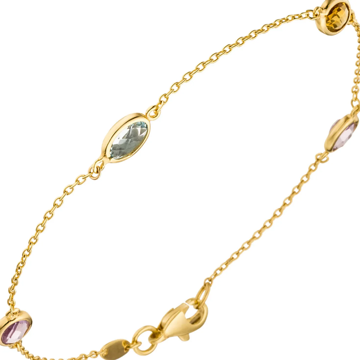 0,8mm Armband Ankerarkette, Blautopas Citrin Amethysten 585 Gold Gelbgold, 19cm
