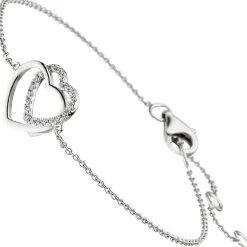1,1mm Armband Armkette, 2 Herzen mit Zirkonia 925 Silber rhodiniert, 15-18,5cm