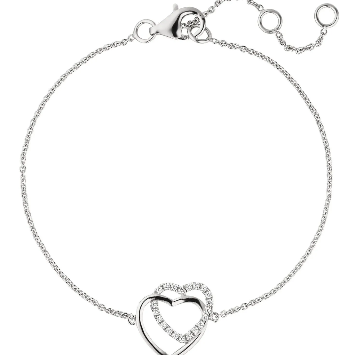 1,1mm Armband Armkette, 2 Herzen mit Zirkonia 925 Silber rhodiniert, 15-18,5cm