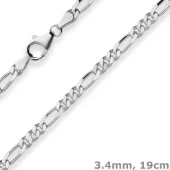 3,4mm Armband Figarokette diamantiert Armschmuck aus 925 Silber rhodiniert 19cm