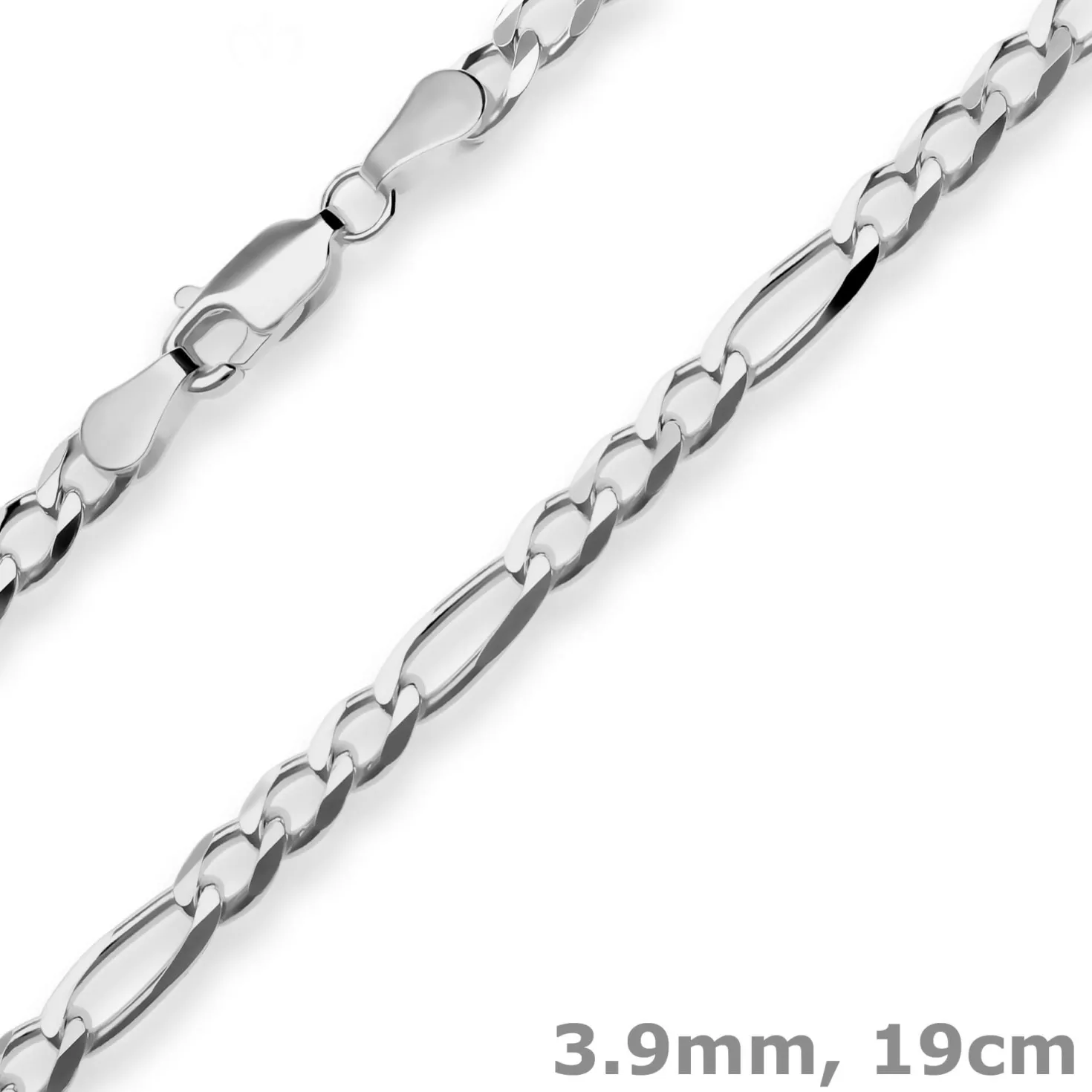 3,9mm Armband Figarokette diamantiert Armschmuck aus 925 Silber rhodiniert 19cm