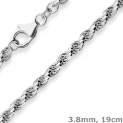 3,8mm Armband Kordelkette massiv Armschmuck aus 925 Silber rhodiniert 19cm