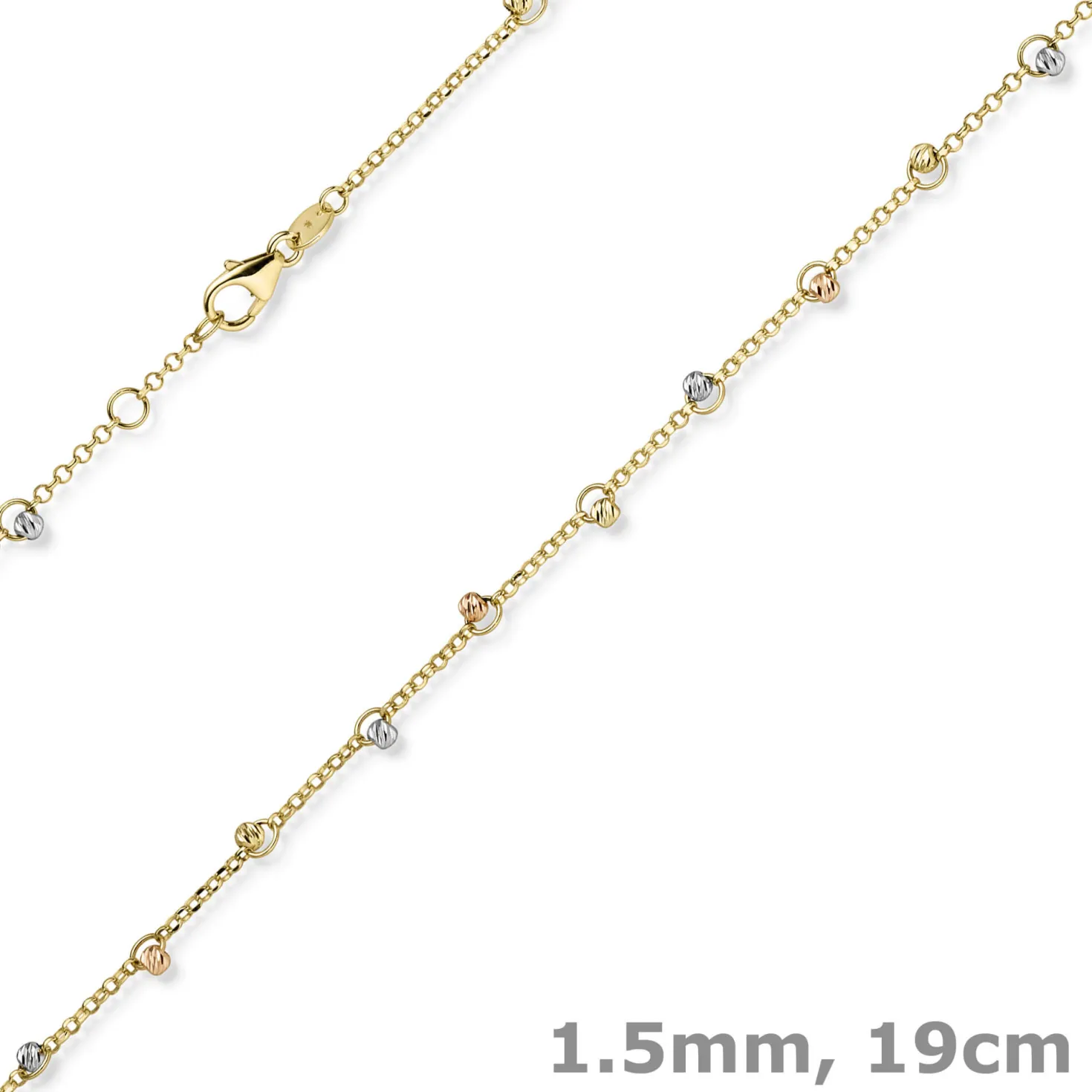 1,5mm Armband mit Kügelchen diamantiert 585 Gold gelb/rot/weiß tricolor 19cm