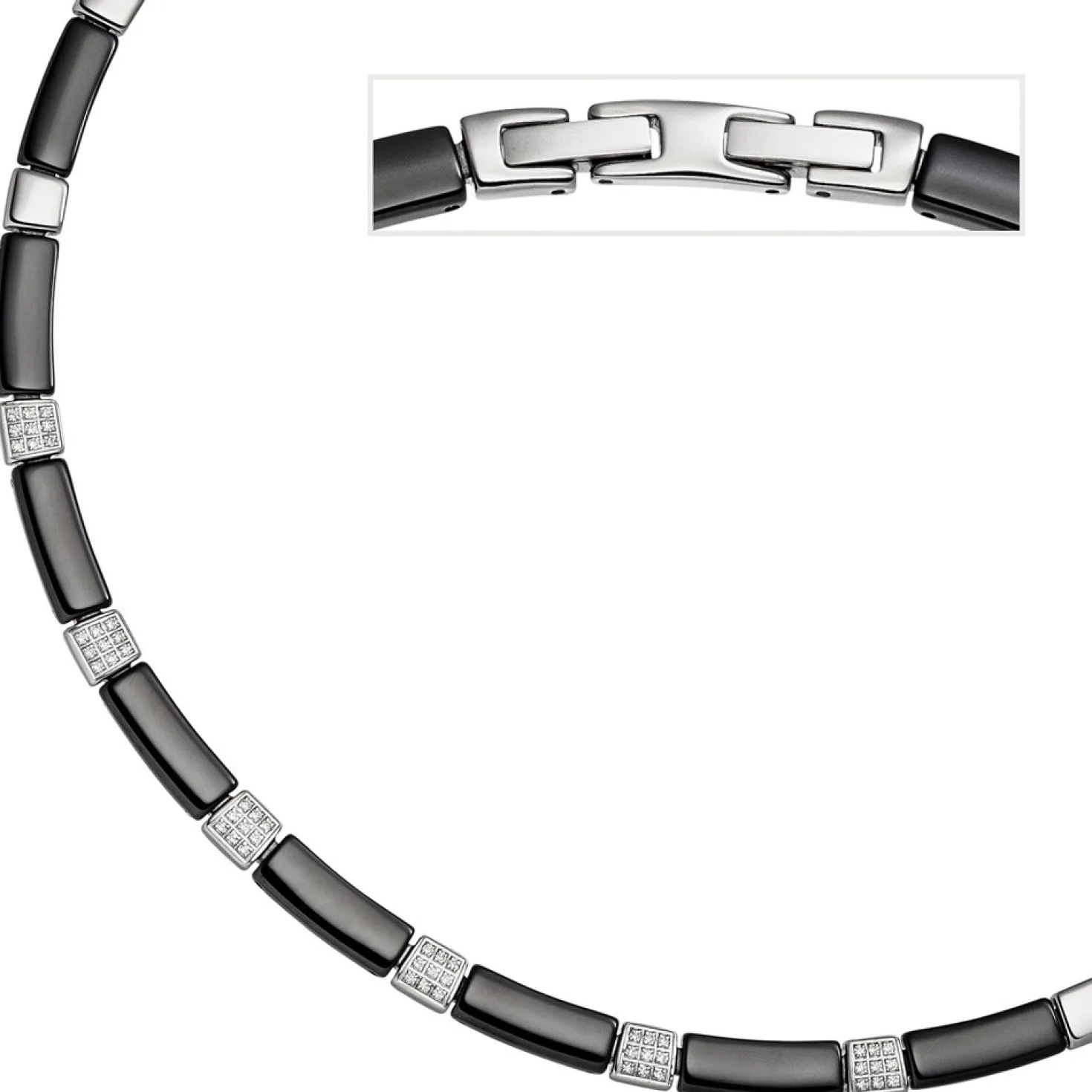 6,3mm Collier Halskette Halsschmuck, Zirkonia & schwarze Keramik Edelstahl, 47cm