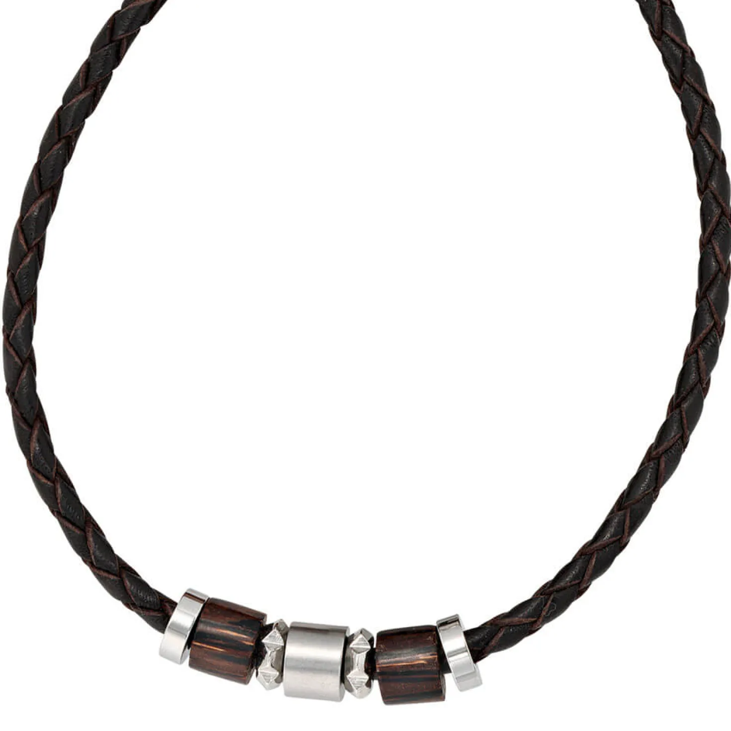 8,3mm Collier Ledercollier, Edelstahl und Holzelementen, Unisex, 45cm