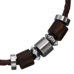 8,3mm Collier Ledercollier, Edelstahl und Holzelementen, Unisex, 45cm