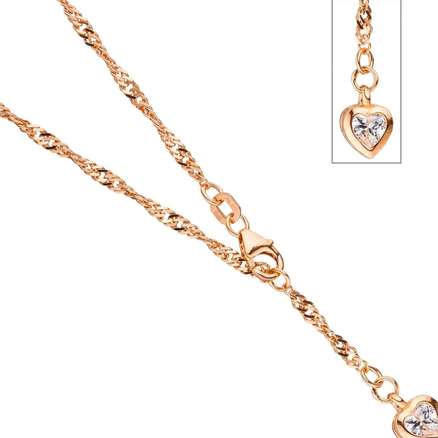 2,2mm Fußkettchen Fußschmuck Herz Zirkonia, 925 Silber rotvergoldet, 23-25cm