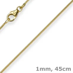 1mm Kette Collier Schlangenkette aus 585 Gold Gelbgold, 45cm, Damen
