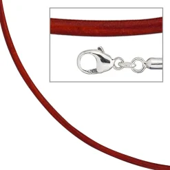 2mm Ledercollier Collier rot, Karabiner aus 925 Silber, Damen, 42cm