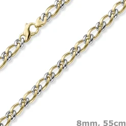 8mm Panzer-Figaro Phantasie Kette Halskette aus 585 Gelbgold & Weißgold 55cm