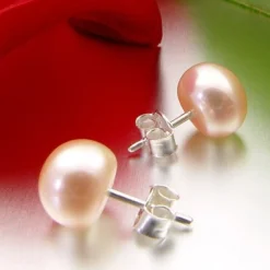 8,5-9,0 mm Perlen Ohrstecker 925 Silber rose Süßwasser-Zuchtperlen