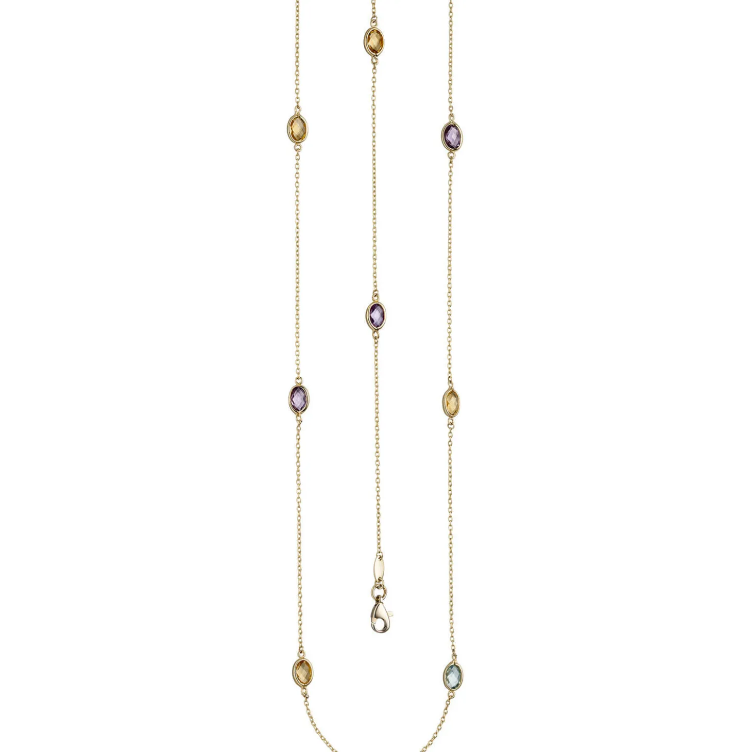 1mm Rankerkette mit Citrinen Blautopasen Amethysten, 585 Gold Gelbgold, 90cm