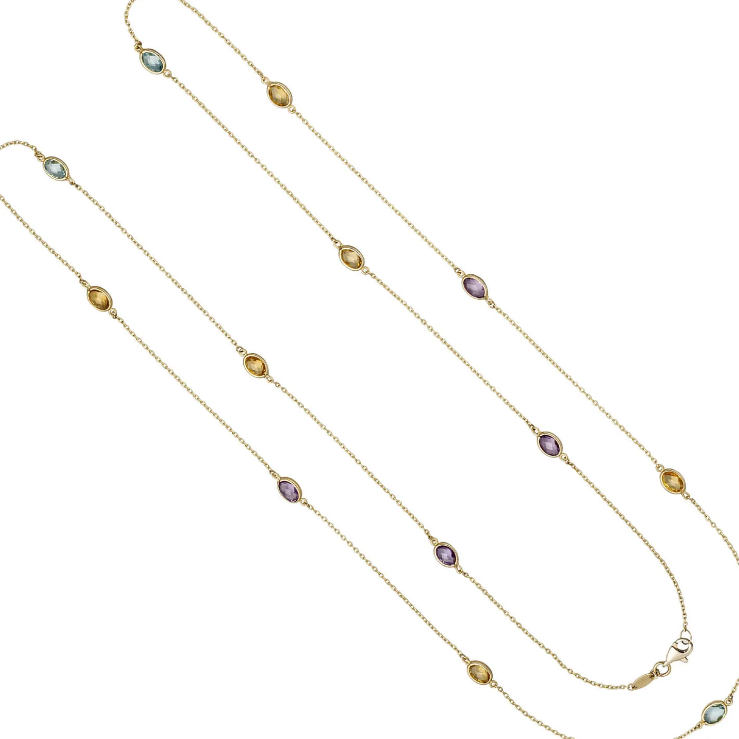 1mm Rankerkette mit Citrinen Blautopasen Amethysten, 585 Gold Gelbgold, 90cm