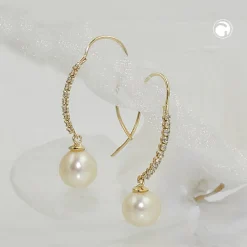 Ohrhaken Ohrringe Ohrhänger 29x7mm weiße Perle 375 Gelbgold Gold Damen