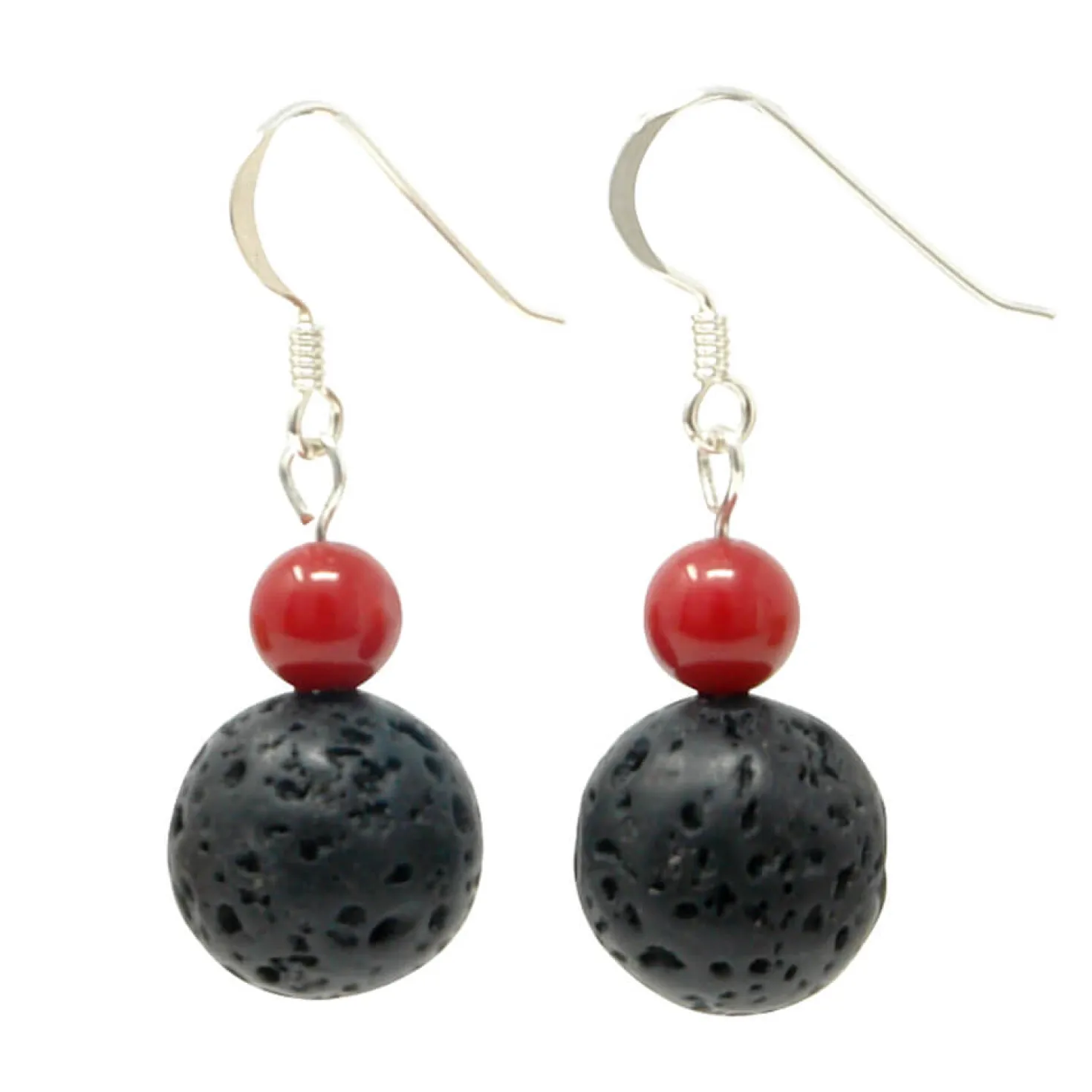 Ohrhänger aus Lava & Koralle schwarz-rot 925 Silber Ohrringe Ohrschmuck Ohrhaken