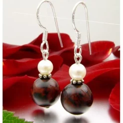 Ohrhänger aus Mahagoni-Obsidian & Süßwasserperlen, 925 Silber, braun schwarz
