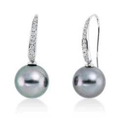 Ohrhänger aus 750 Weißgold 2 Tahiti-Perlen 10mm grau 20 Brillanten 0,16ct W-SI