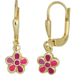Ohrhänger 6,6x20,4mm Boutons Blume Blümchen 333 Gold Gelbgold Glassteine pink