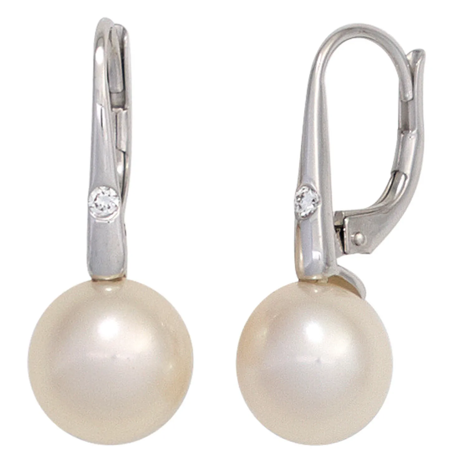 Ohrhänger 8,7x21,7mm Boutons Süßwasser Zuchtperlen & 2 Brillanten 585 Weißgold