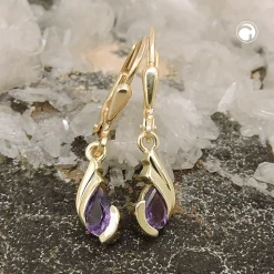 Ohrhänger 25x5mm Brisur Tropfen aus Amethyst lila 375 Gold Gelbgold Ohrringe