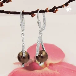 Ohrhänger 35x8mm Ohrringe Brisur braune Perle aus Kristall Zirkonia 925 Silber