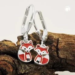 -Ohrhänger 22x6mm Ohrringe Brisur Fuchs Füchschen rot-weiß-schwarz 925 Silber