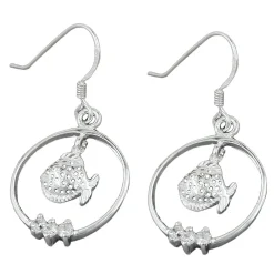 Ohrhänger 37x18mm Ohrringe Fisch Fische im Ring mit Zirkonia 925 Silber Damen