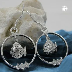Ohrhänger 37x18mm Ohrringe Fisch Fische im Ring mit Zirkonia 925 Silber Damen