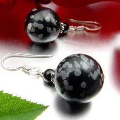 Ohrringe aus Schneeflocken-Obsidian & Onyx, 925 Silber, grau-schwarz