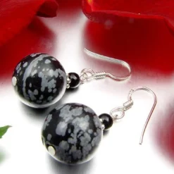 Ohrringe aus Schneeflocken-Obsidian & Onyx, 925 Silber, grau-schwarz