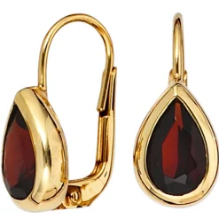 Ohrringe Boutons Granat rot dunkelrot tropfenförmig 375 Gold Gelbgold