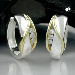 Ohrringe Creole Creolen 17x7mm mit Zirkonia 925 Silber bicolor schlicht Damen