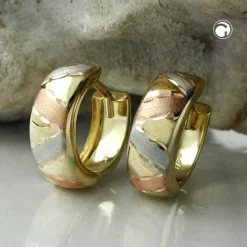 Ohrringe Creolen 12x5mm aus 375 Gelbgold Streifen Rotgold Weißgold Damencreole