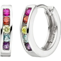 Ohrringe Creolen 14,6x3mm aus 925 Silber rhodiniert 10 Zirkonia bunt multicolor