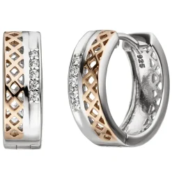 Ohrringe Creolen 15,6x5,1mm mit 10 Zirkonia weiß 925 Silber vergoldet bicolor